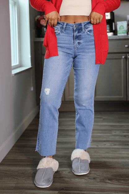 Light Wash Distressed Raw Hem Straight Leg Jeans - Magnolia Boutique