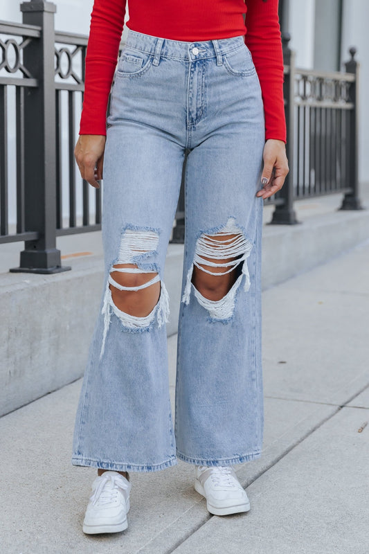 Light Wash High Rise Destroyed Wide Leg Jeans - Magnolia Boutique