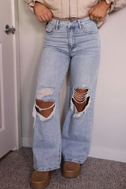 Light Wash High Rise Destroyed Wide Leg Jeans - Magnolia Boutique