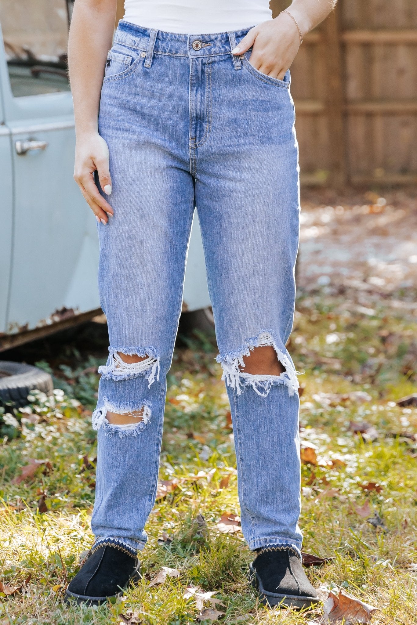 Light Wash High Rise Distressed Mom Jeans - Magnolia Boutique