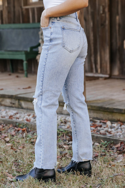 Light Wash High Rise Distressed Straight Leg Jeans - Magnolia Boutique