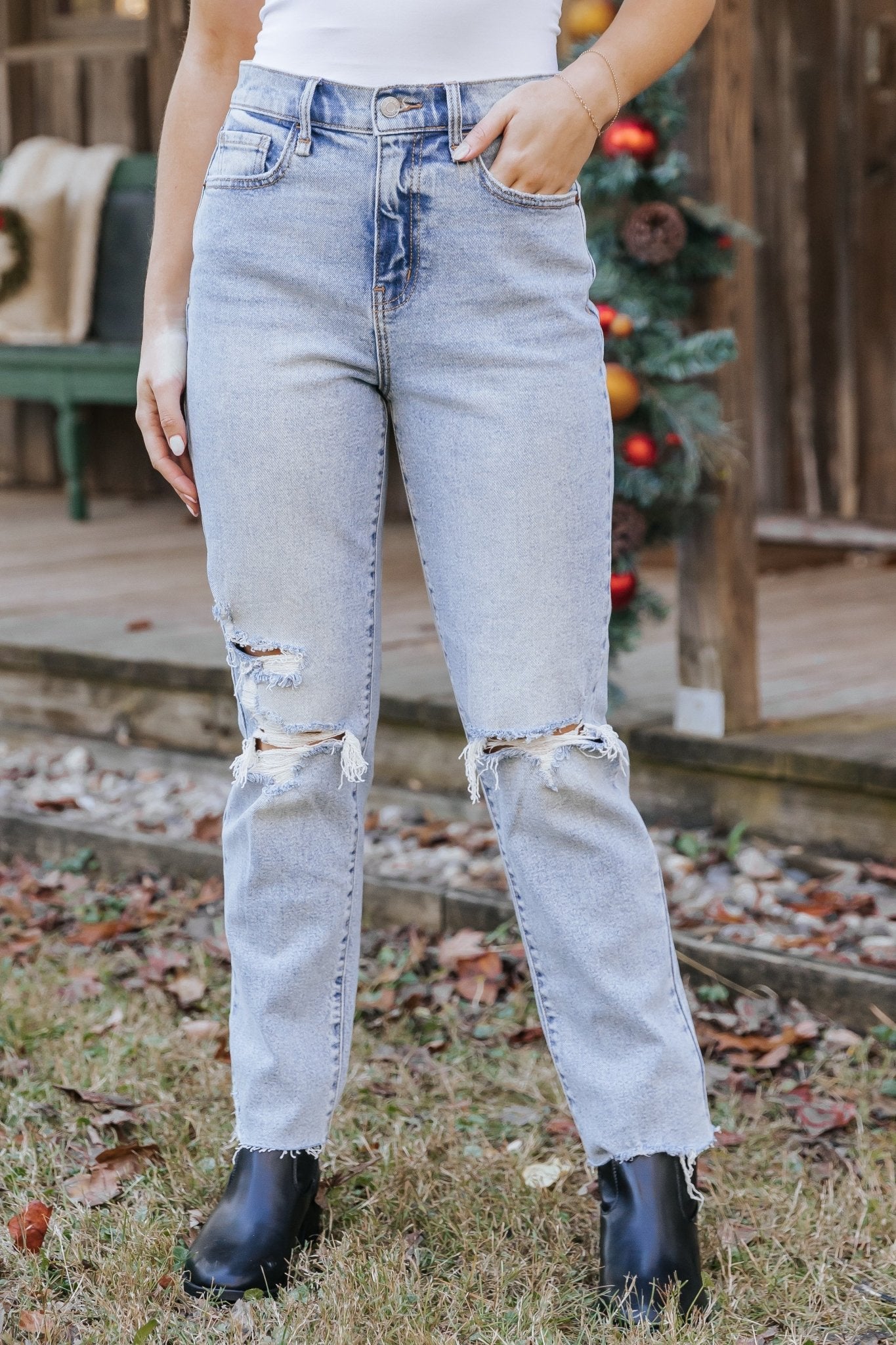 Light Wash High Rise Distressed Straight Leg Jeans - Magnolia Boutique