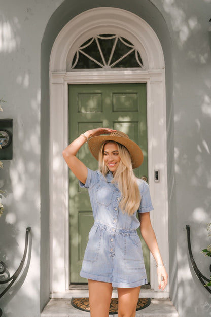 Light Wash Short Denim Romper - Magnolia Boutique