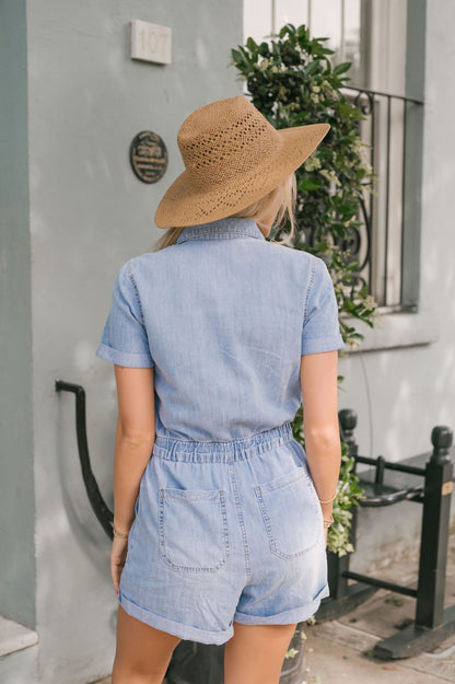 Light Wash Short Denim Romper - Magnolia Boutique