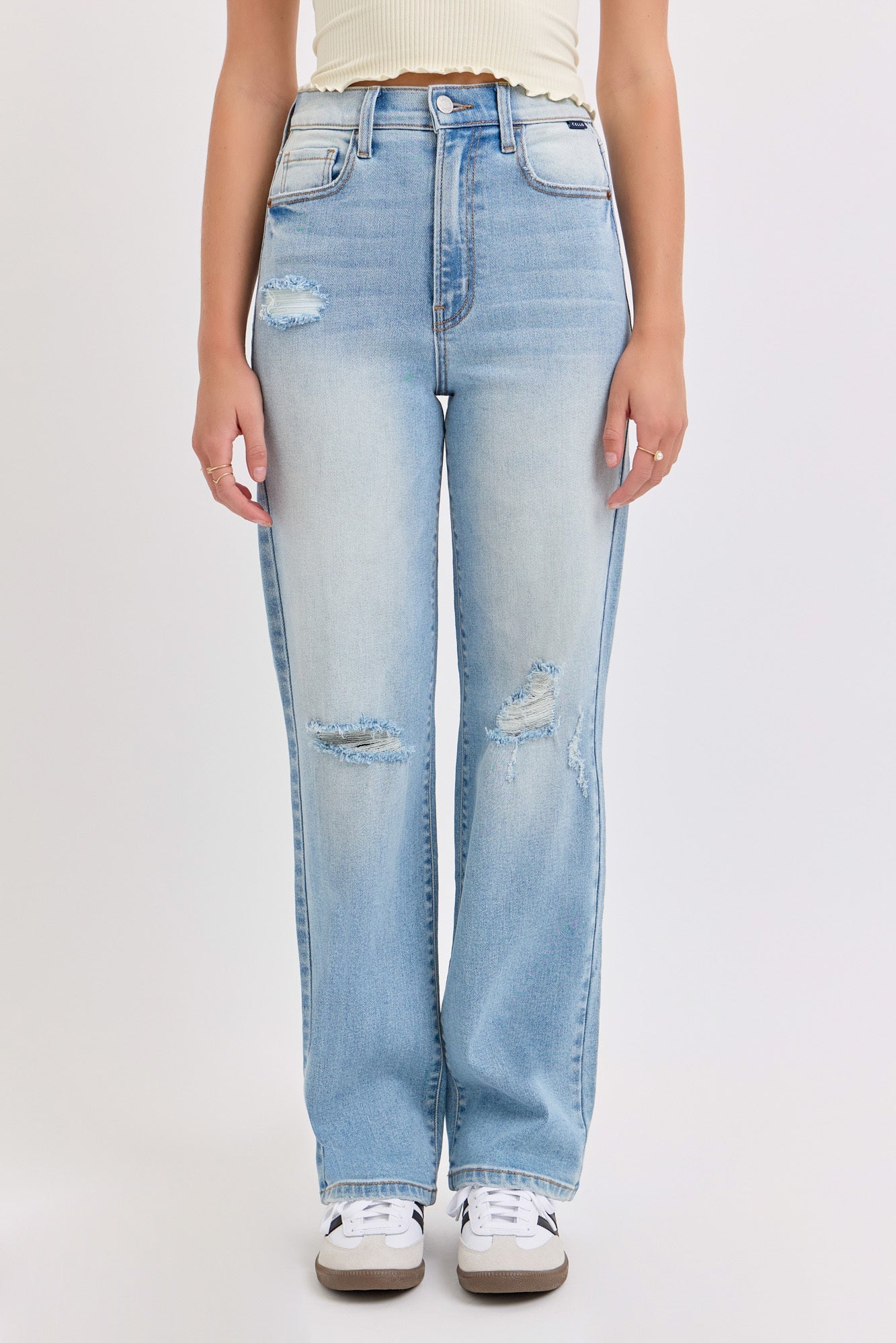 Light Wash Super High Rise Distressed Dad Jeans - Magnolia Boutique