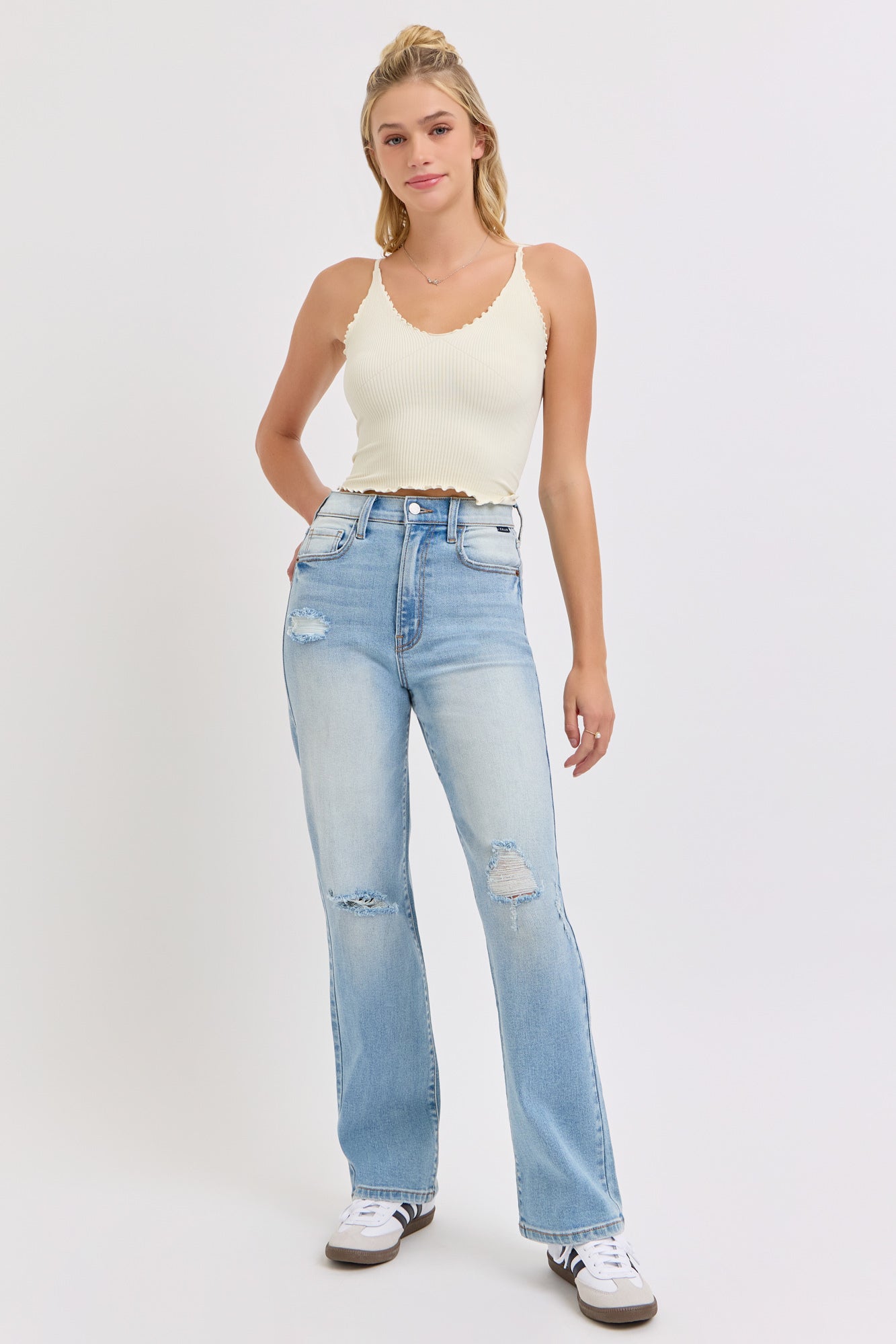 Light Wash Super High Rise Distressed Dad Jeans - Magnolia Boutique