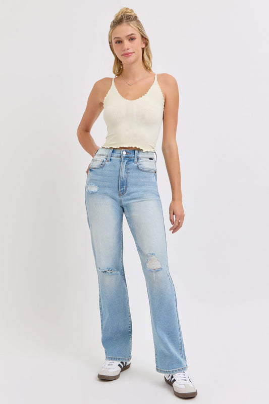 Light Wash Super High Rise Distressed Dad Jeans - Magnolia Boutique