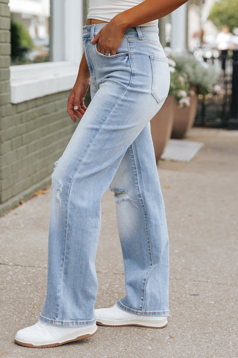 Light Wash Super High Rise Distressed Dad Jeans - Magnolia Boutique