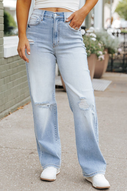 Light Wash Super High Rise Distressed Dad Jeans - Magnolia Boutique