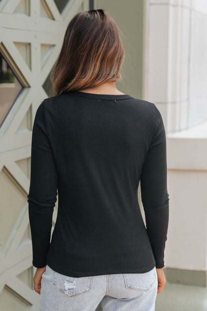 Long Sleeve Crew Neck Ribbed Top - Black - Magnolia Boutique