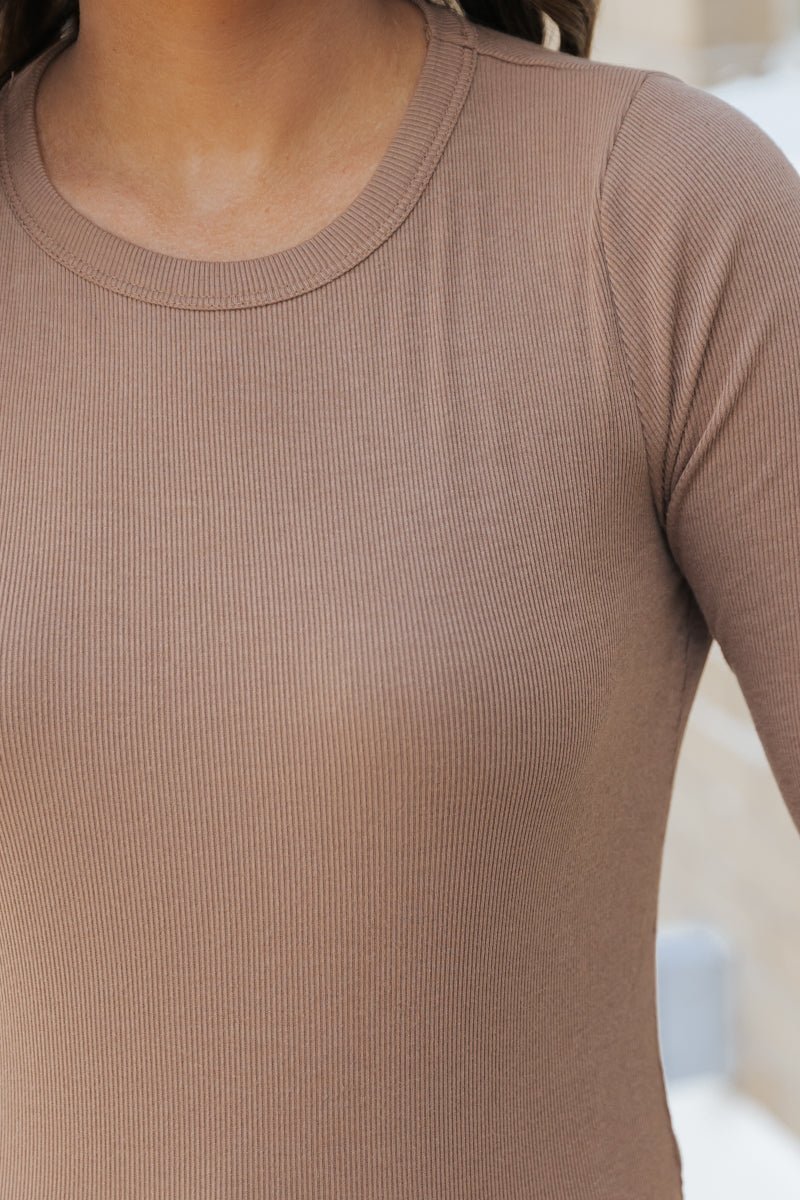 Long Sleeve Crew Neck Ribbed Top - Mocha - Magnolia Boutique