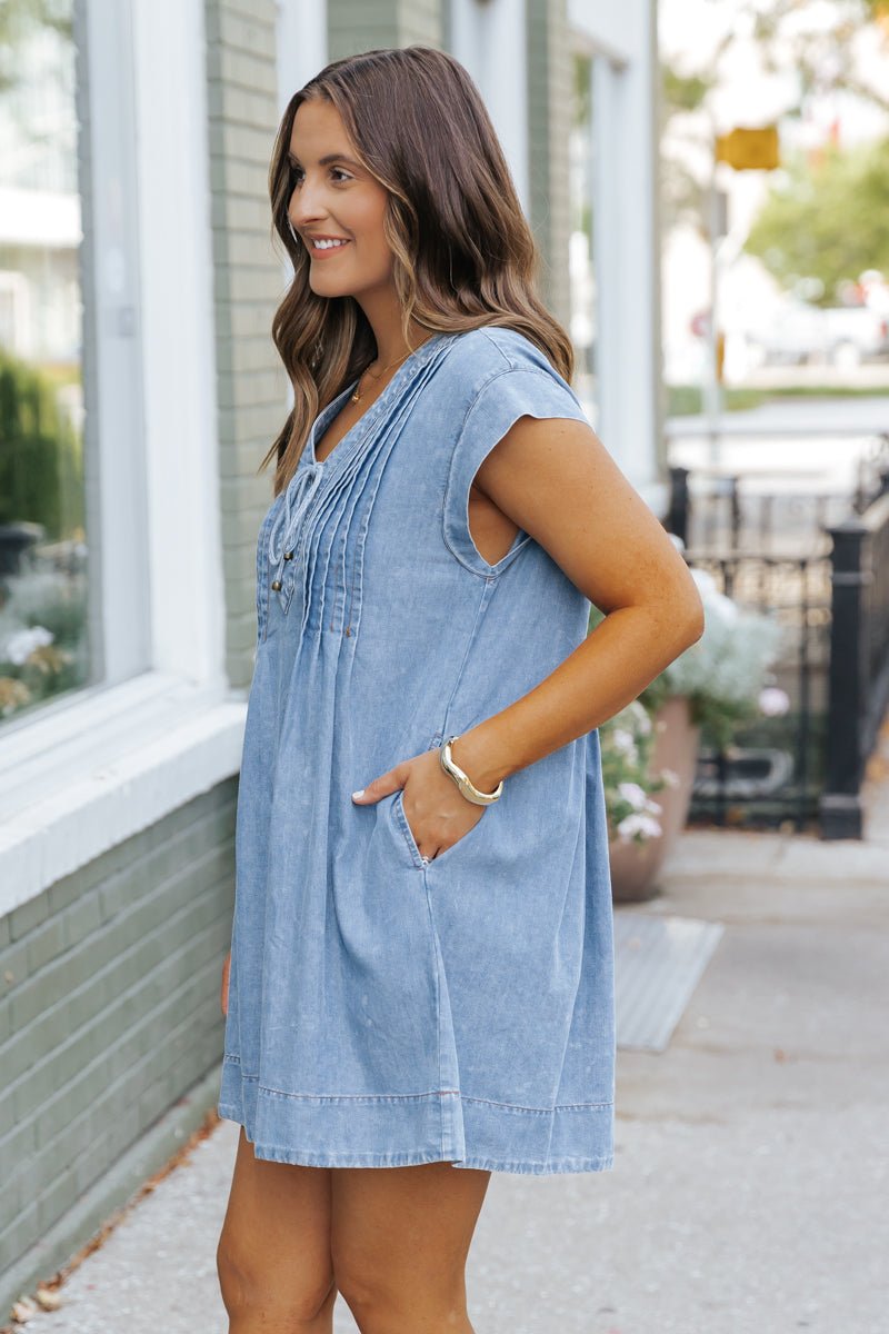 Made For You Denim Pleated Mini Dress - Magnolia Boutique