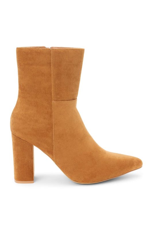 Matisse Spencer Camel Heeled Ankle Booties with a pointed toe and chunky block heel, shown from the side on white background.