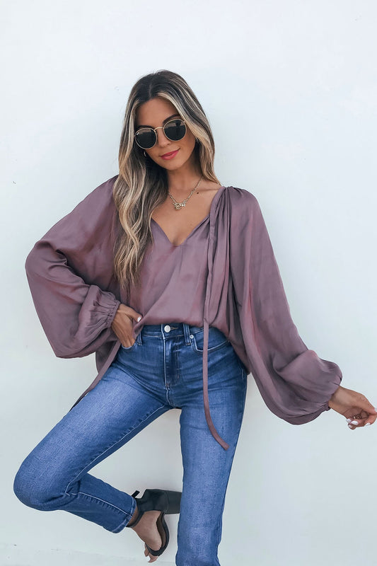 Mauve Satin V Neck Blouse - Magnolia Boutique