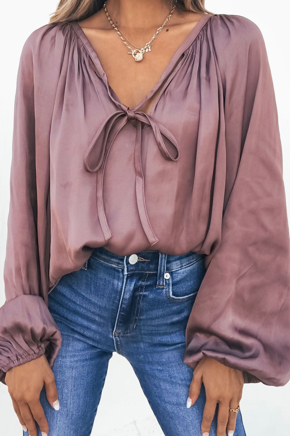 Mauve Satin V Neck Blouse - Magnolia Boutique