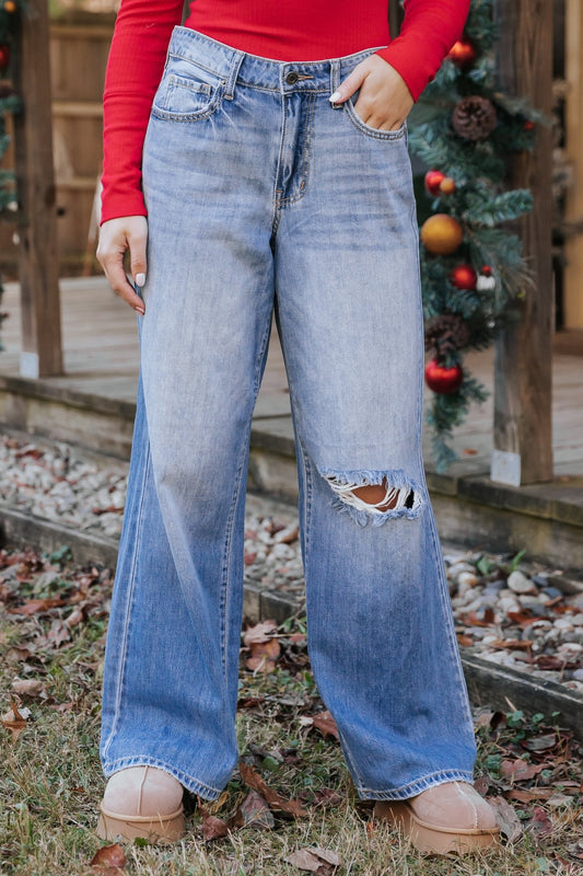 Medium Light Wash Destroyed Wide Leg Jeans - Magnolia Boutique