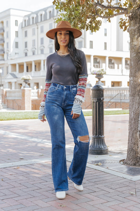 Medium Wash 90s High Rise Destroyed Flare Jeans - Magnolia Boutique