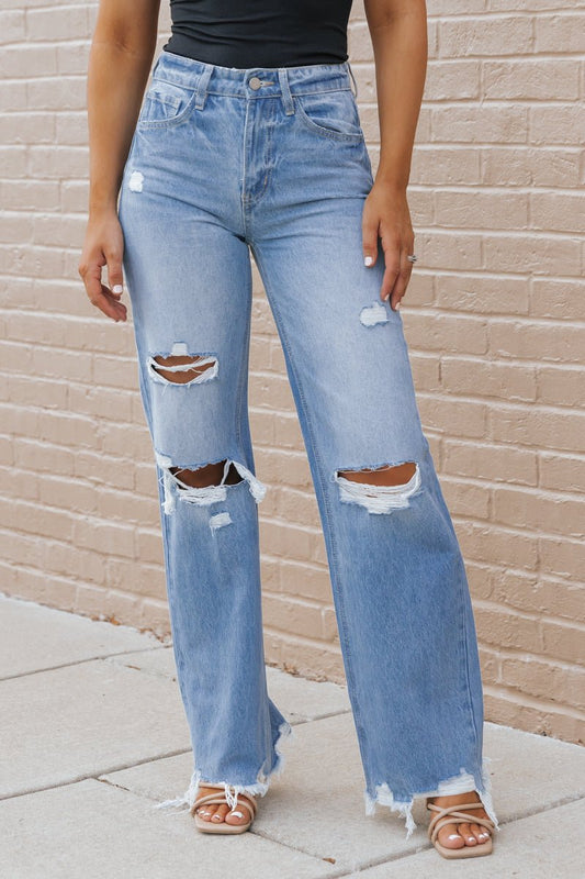 Medium Wash Destroyed Wide Leg Jeans - Magnolia Boutique