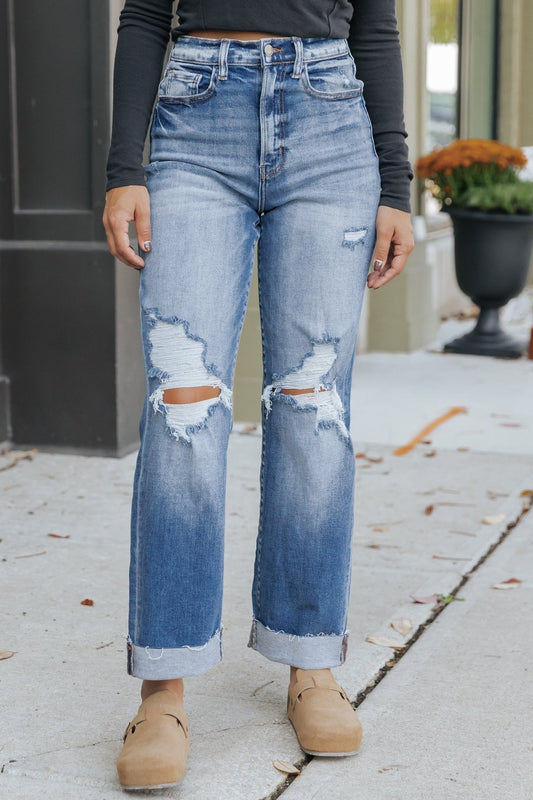 Medium Wash High Rise Cuffed Dad Jeans - Magnolia Boutique