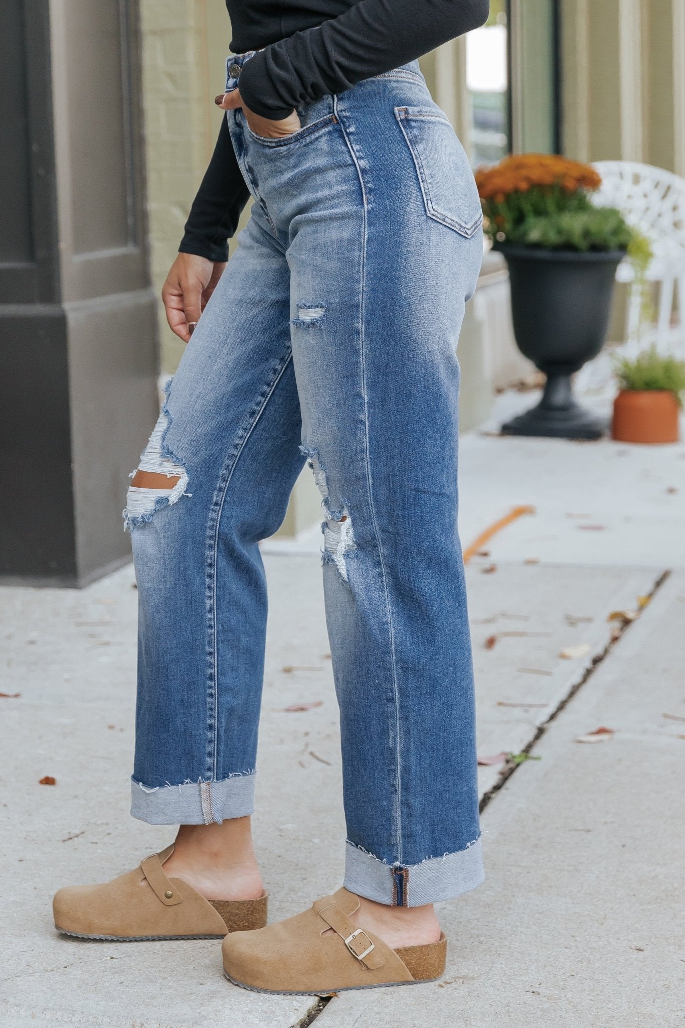 Medium Wash High Rise Cuffed Dad Jeans - Magnolia Boutique