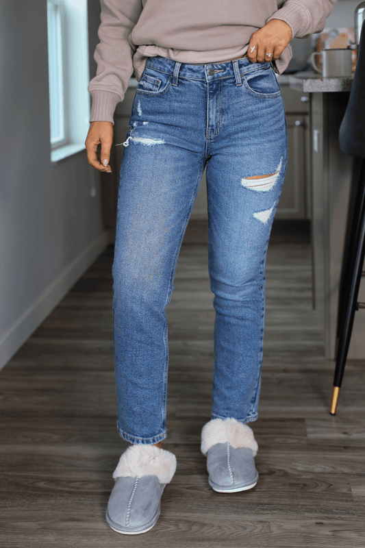 Medium Wash Mid Rise Distressed Straight Leg Jeans - Magnolia Boutique