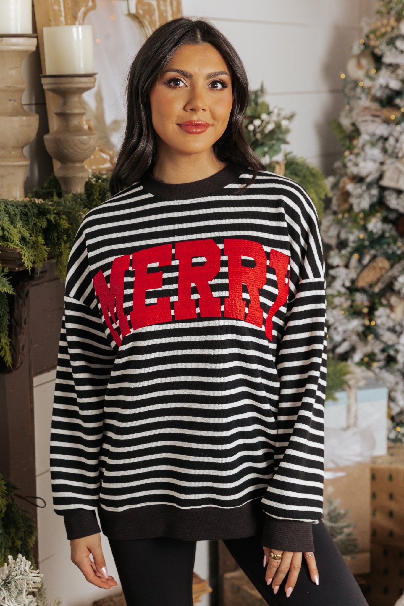 Merry Black Striped Graphic Sweatshirt - Magnolia Boutique