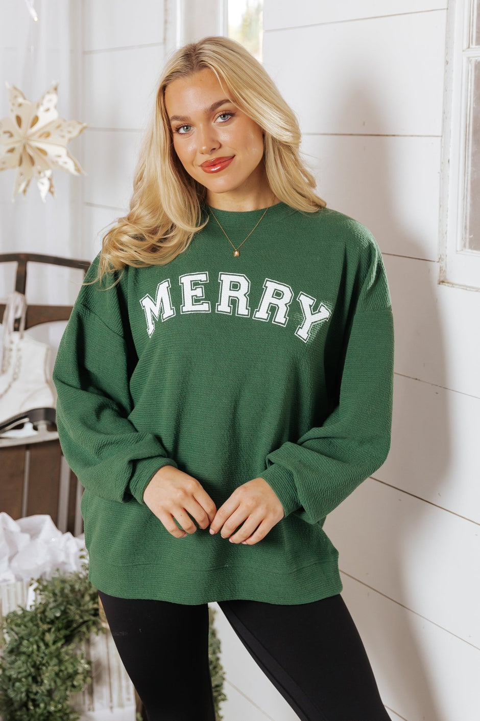 Blackish Green Merry And Bright Quilted Sweatshirt