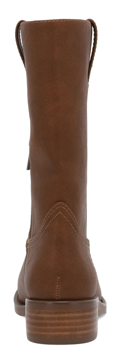 The MIA Miley Mid Calf Boots in tan feature a pull-on design, stacked heel, and detailed stitching viewed from the back.