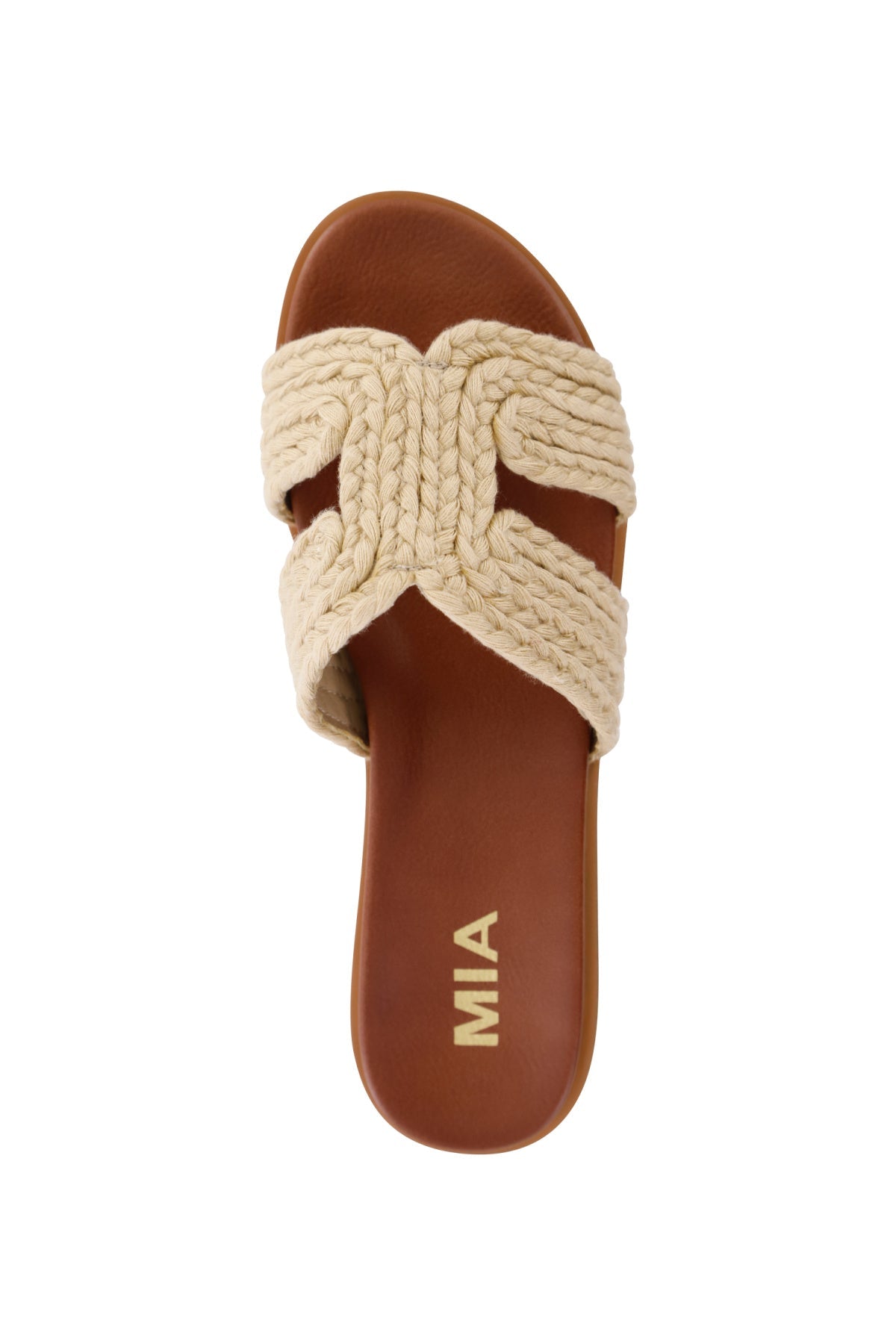 The MIA Poet Natural Woven Slide Sandals feature crisscross braided straps, a cushioned footbed, and gold MIA branding.