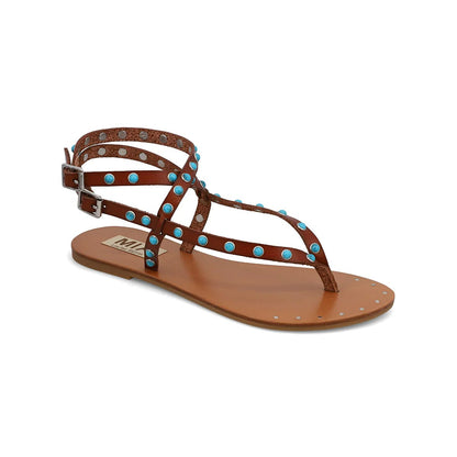 MIA Tahirah Stone Sandals - Tan: Brown gladiator sandals with turquoise studs, ankle buckle, flat sole, vegan leather.