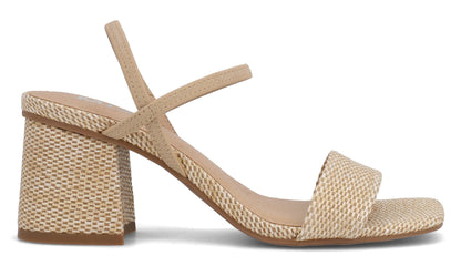 MIA Zissy Natural Strappy Heels: beige woven block-heel sandals with thin ankle strap and open toe, side view on white background.