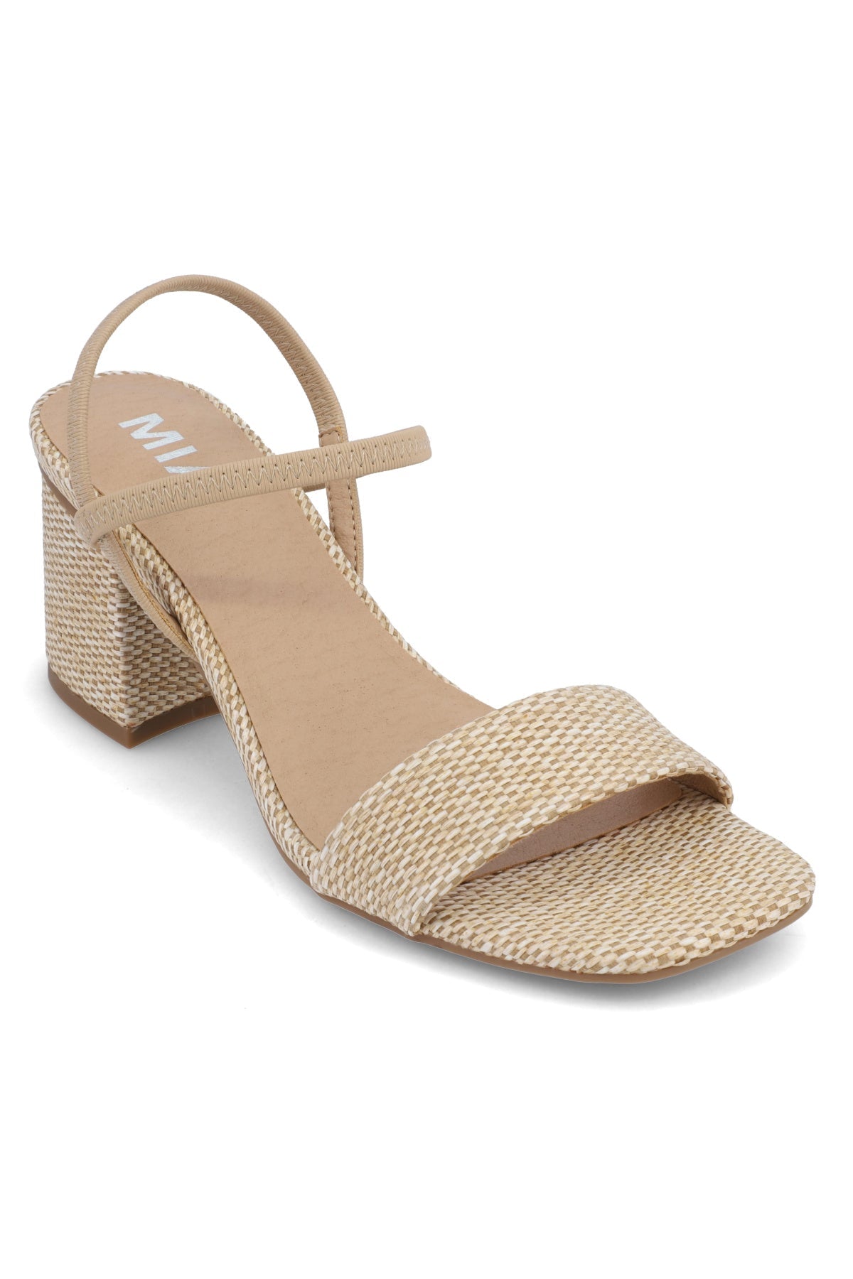 MIA Zissy Natural Strappy Heels: Beige woven block heel sandals with open toe and thin ankle strap for a chic look.