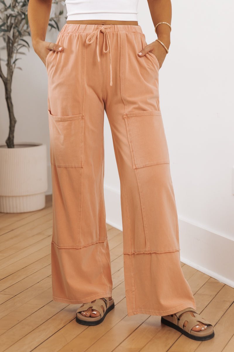 Mineral Wash Wide Leg Cargo Pants - Apricot - Magnolia Boutique