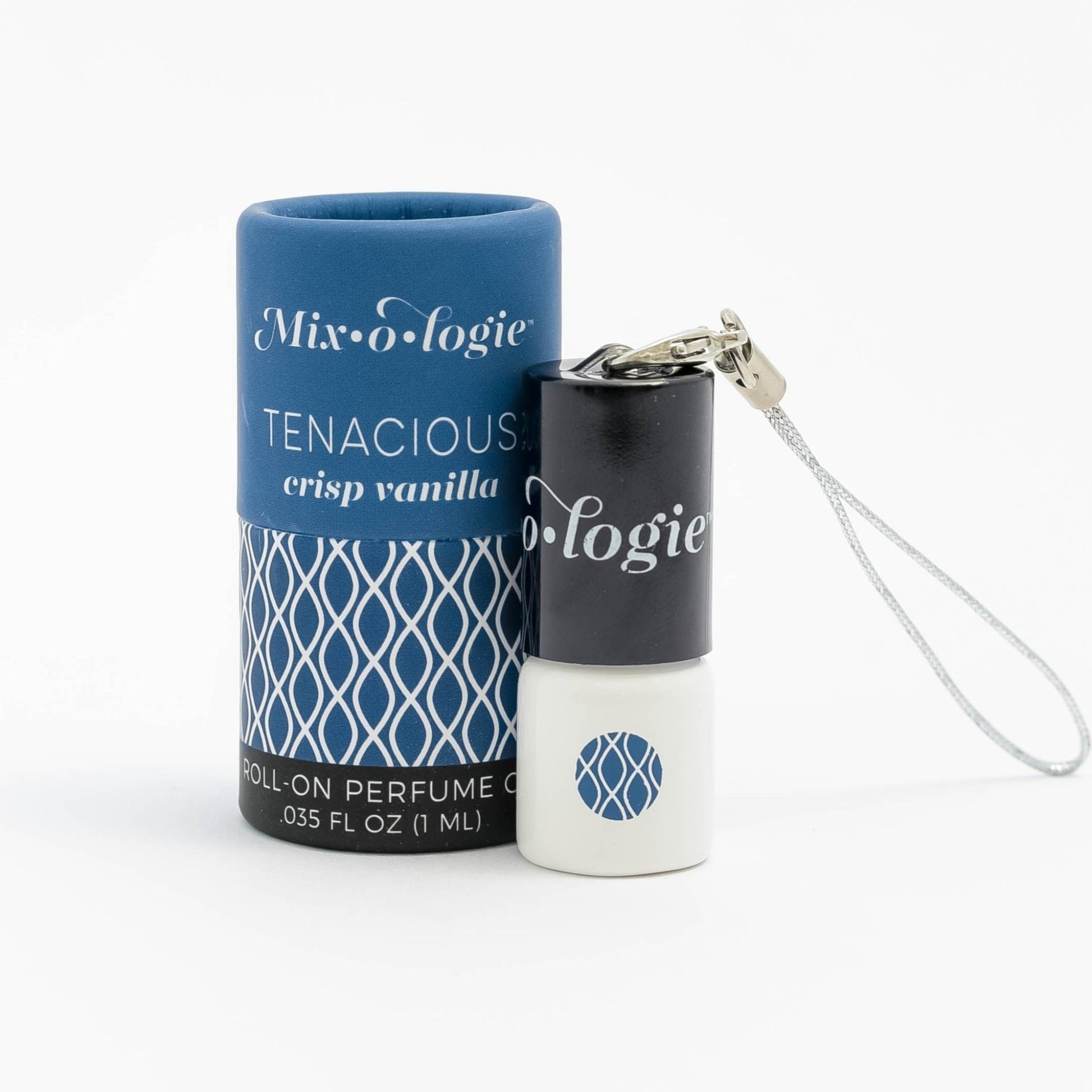 The Mixologie Tenacious Keychain Mini Roll-On Perfume features blue and white cylindrical packaging.