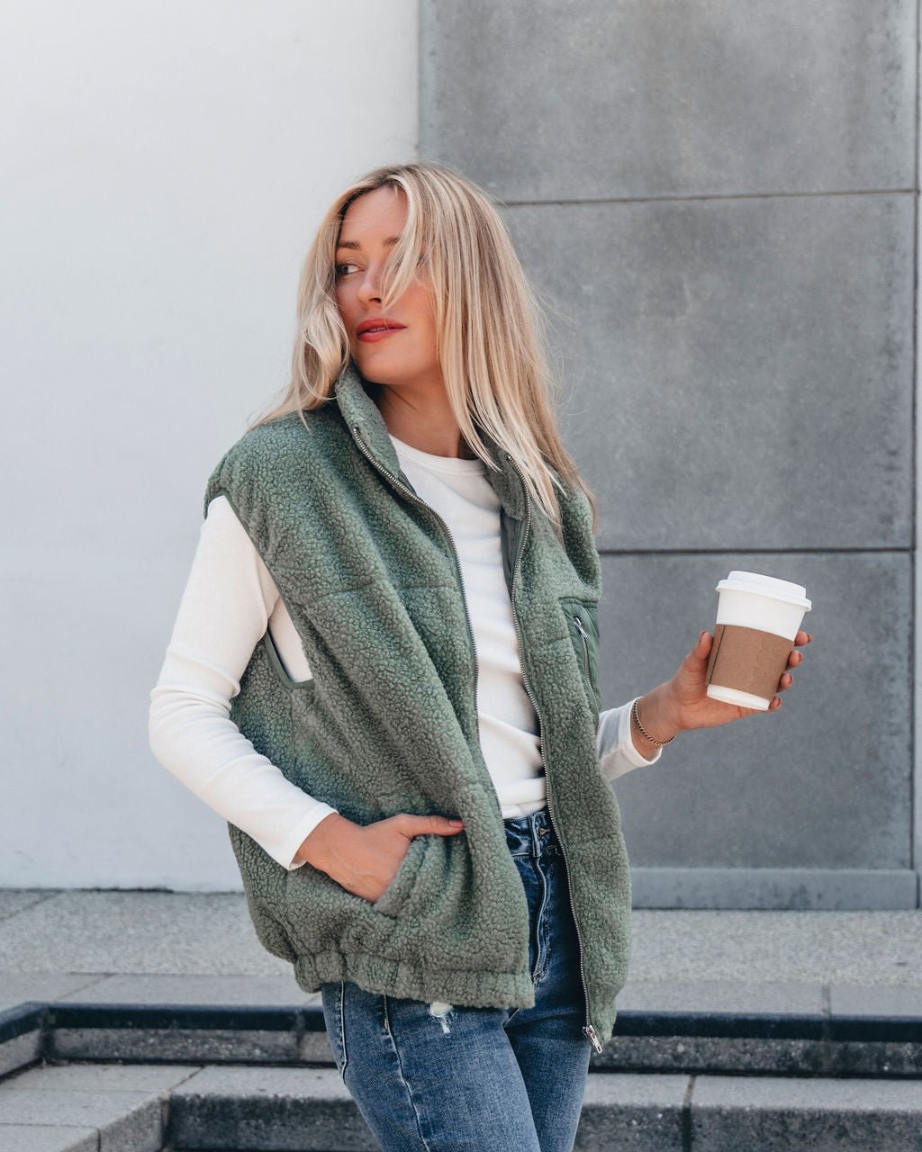 Mountainside Zip Up Fleece Vest - Sage - Magnolia Boutique