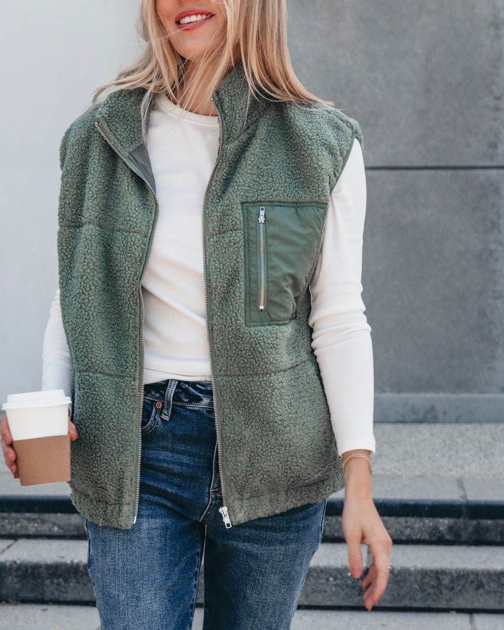 Mountainside Zip Up Fleece Vest - Sage - Magnolia Boutique