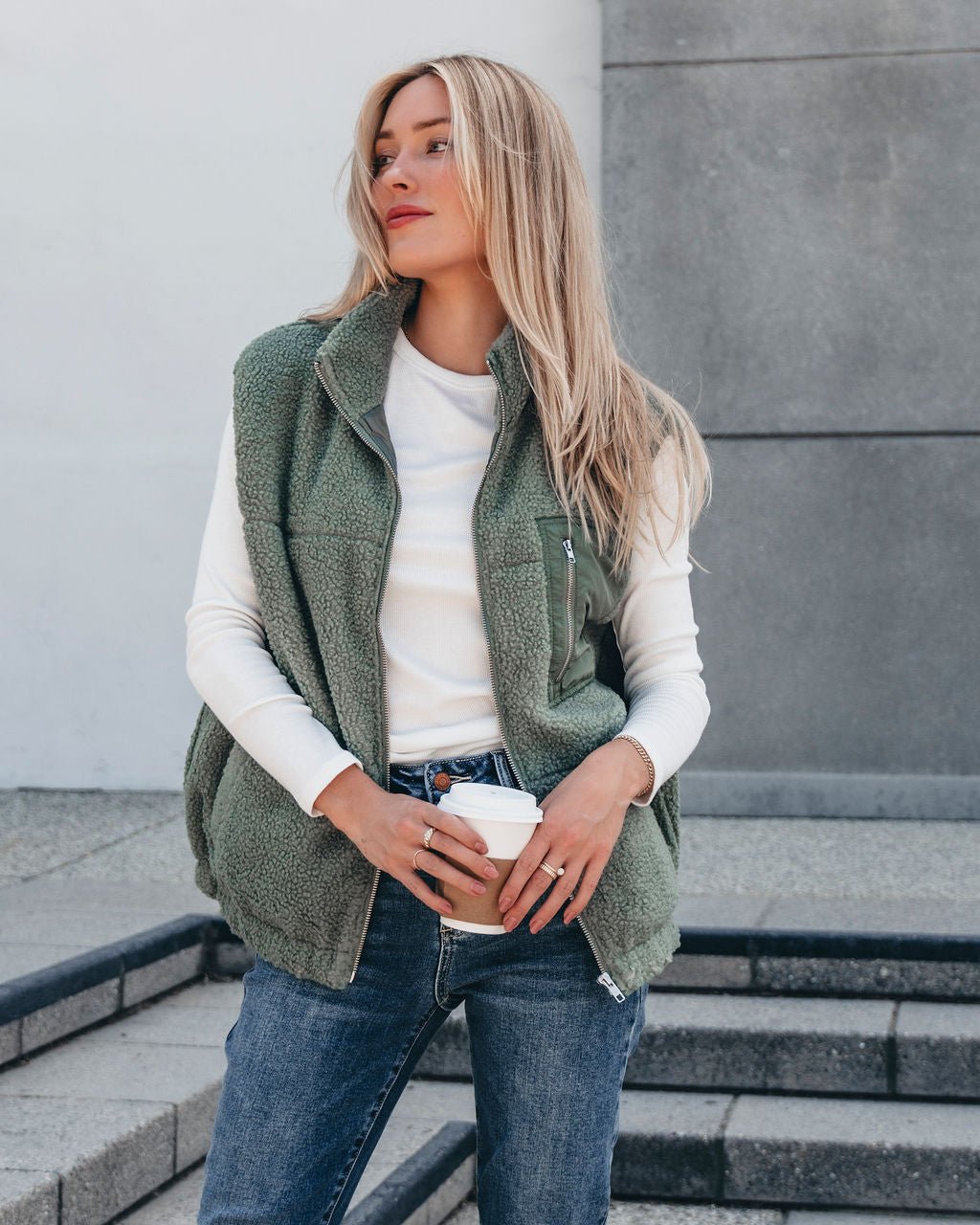 Mountainside Zip Up Fleece Vest - Sage - Magnolia Boutique