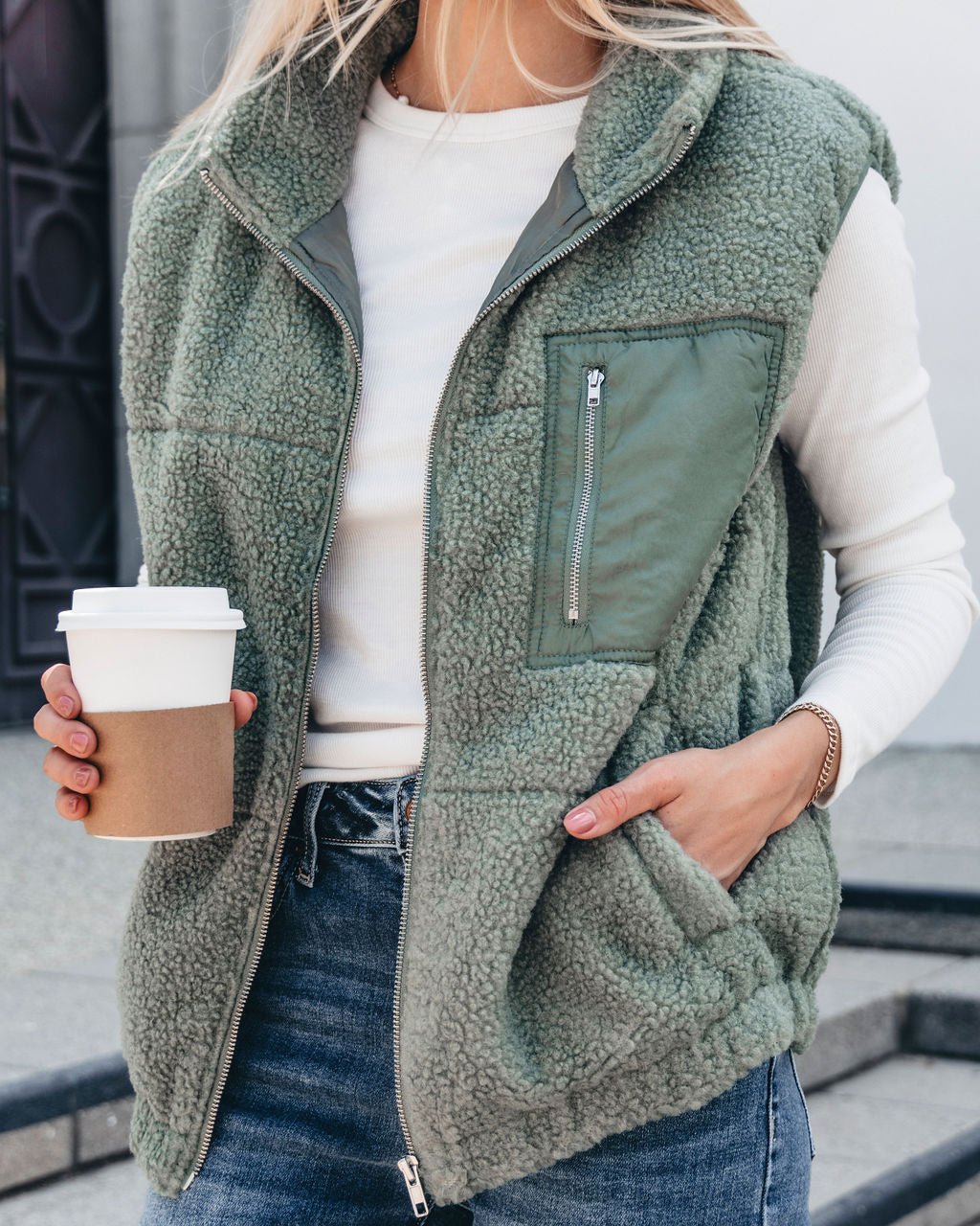 Mountainside Zip Up Fleece Vest - Sage - Magnolia Boutique