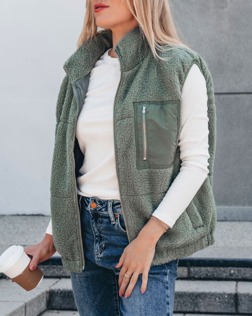 Mountainside Zip Up Fleece Vest - Sage - Magnolia Boutique