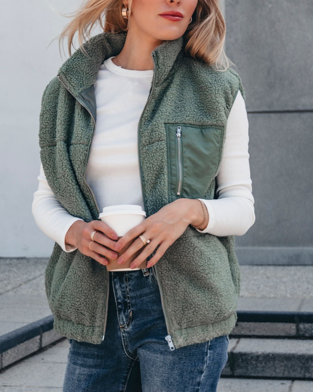 Mountainside Zip Up Fleece Vest - Sage - Magnolia Boutique