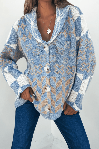 Woman models the Multi Blue Contrast Button Down Sweater Cardigan with blue jeans, posing with one hand on her hip.