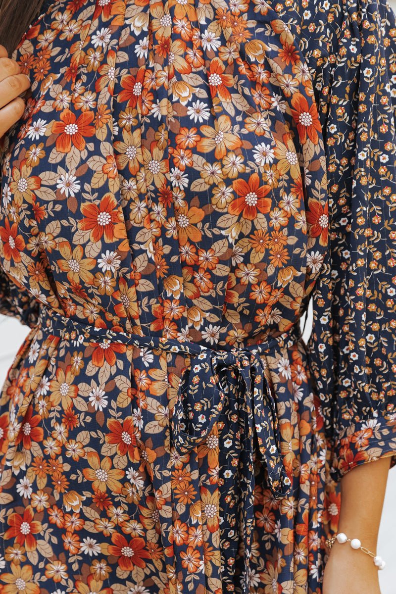 Multi Floral Print Waist Tie Mini Dress - Magnolia Boutique