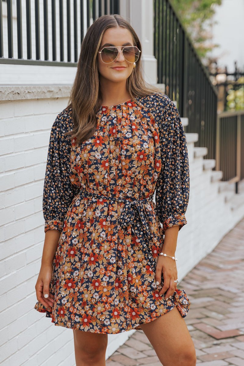 Multi Floral Print Waist Tie Mini Dress - Magnolia Boutique