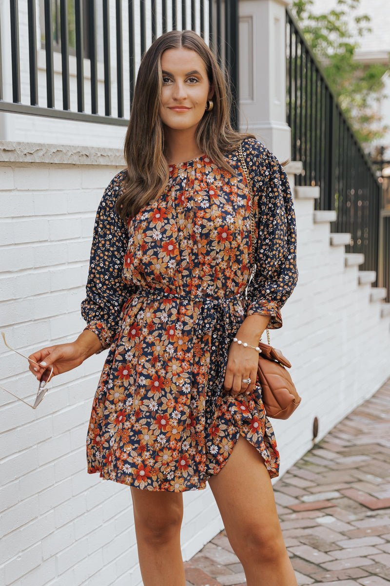 Multi Floral Print Waist Tie Mini Dress - Magnolia Boutique