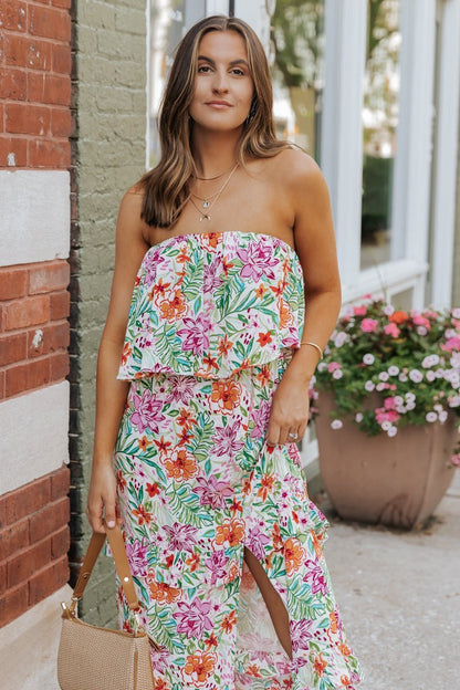 Multi Floral Strapless Slit Maxi Dress - Magnolia Boutique