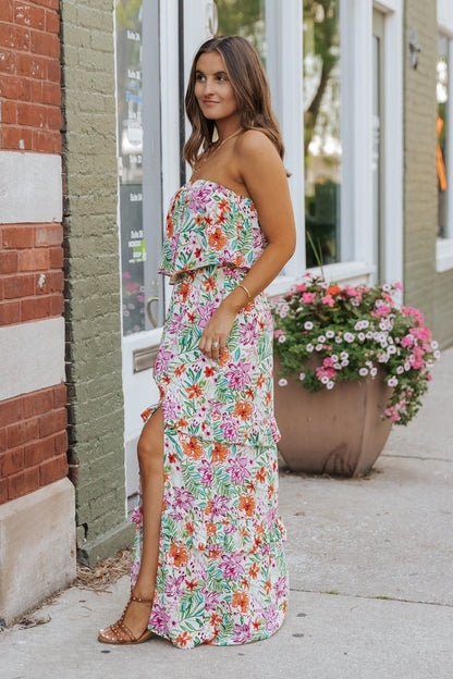 Multi Floral Strapless Slit Maxi Dress - Magnolia Boutique