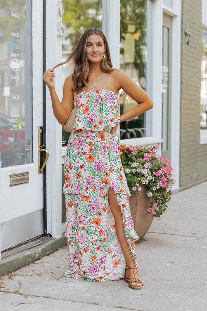 Multi Floral Strapless Slit Maxi Dress - Magnolia Boutique