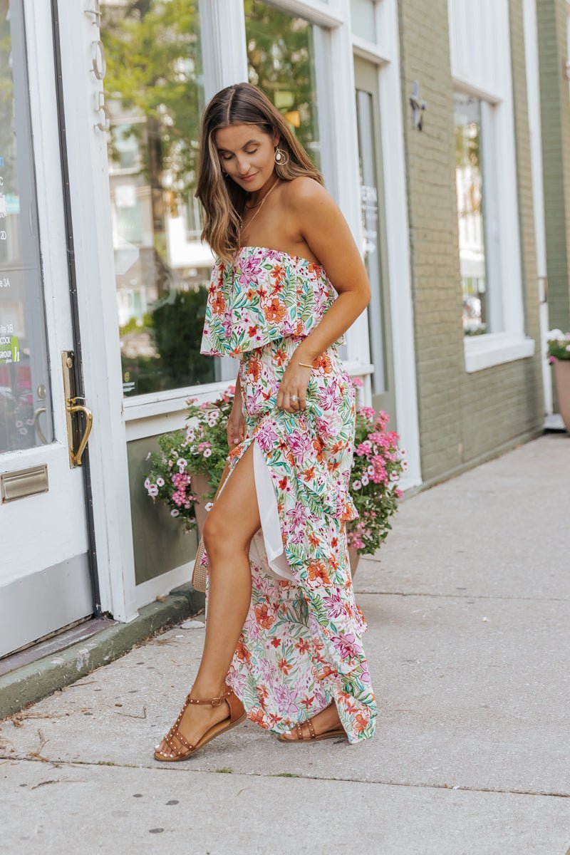 Multi Floral Strapless Slit Maxi Dress - Magnolia Boutique