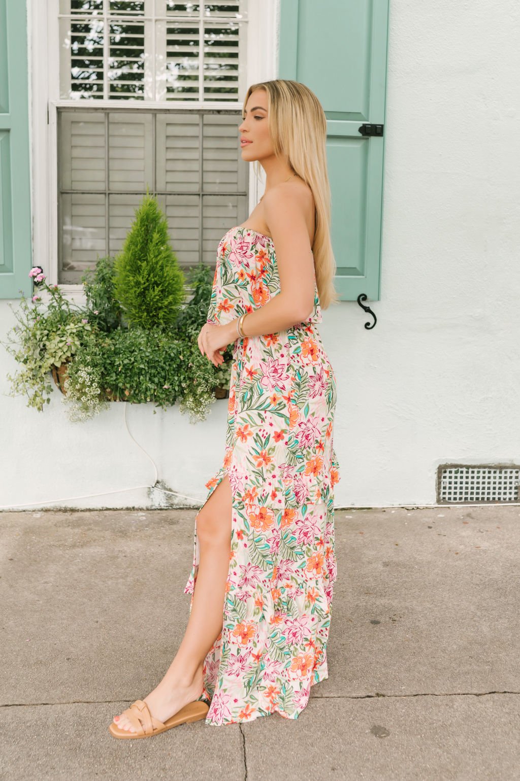 Multi Floral Strapless Slit Maxi Dress - Magnolia Boutique