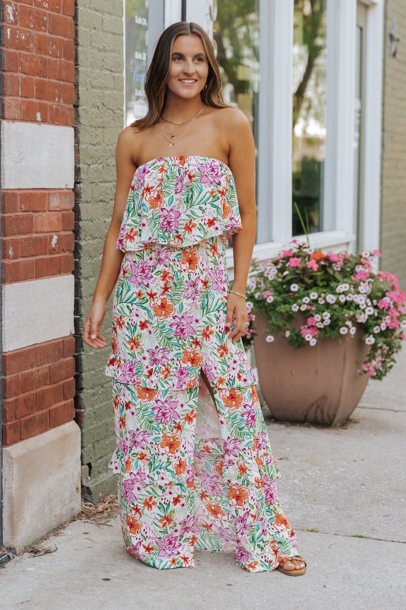 Multi Floral Strapless Slit Maxi Dress FINAL SALE